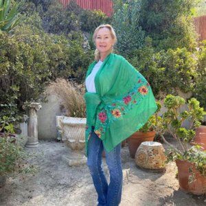 Large Embroidered Scarf, Green, Fringed, Soft scarf, pink,green,red, flowers